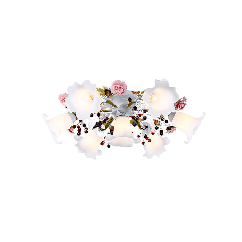 Spread White Glass Ceiling Lamp Korean Flower 4/7/9 Lights Living Room Semi Flush Mount Light Fixture Clearhalo 'Ceiling Lights' 'Close To Ceiling Lights' 'Close to ceiling' 'Semi-flushmount' Lighting' 729317