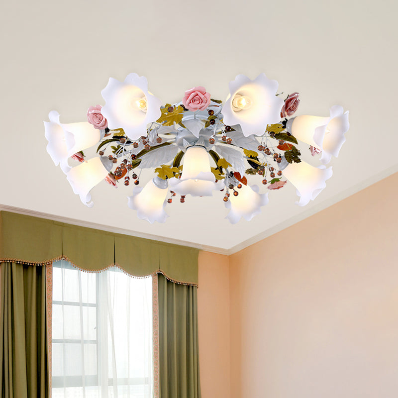 Spread White Glass Ceiling Lamp Korean Flower 4/7/9 Lights Living Room Semi Flush Mount Light Fixture 9 White Clearhalo 'Ceiling Lights' 'Close To Ceiling Lights' 'Close to ceiling' 'Semi-flushmount' Lighting' 729319