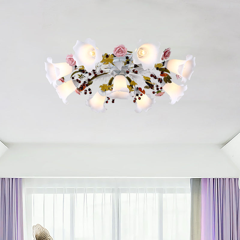 Spread White Glass Ceiling Lamp Korean Flower 4/7/9 Lights Living Room Semi Flush Mount Light Fixture Clearhalo 'Ceiling Lights' 'Close To Ceiling Lights' 'Close to ceiling' 'Semi-flushmount' Lighting' 729320