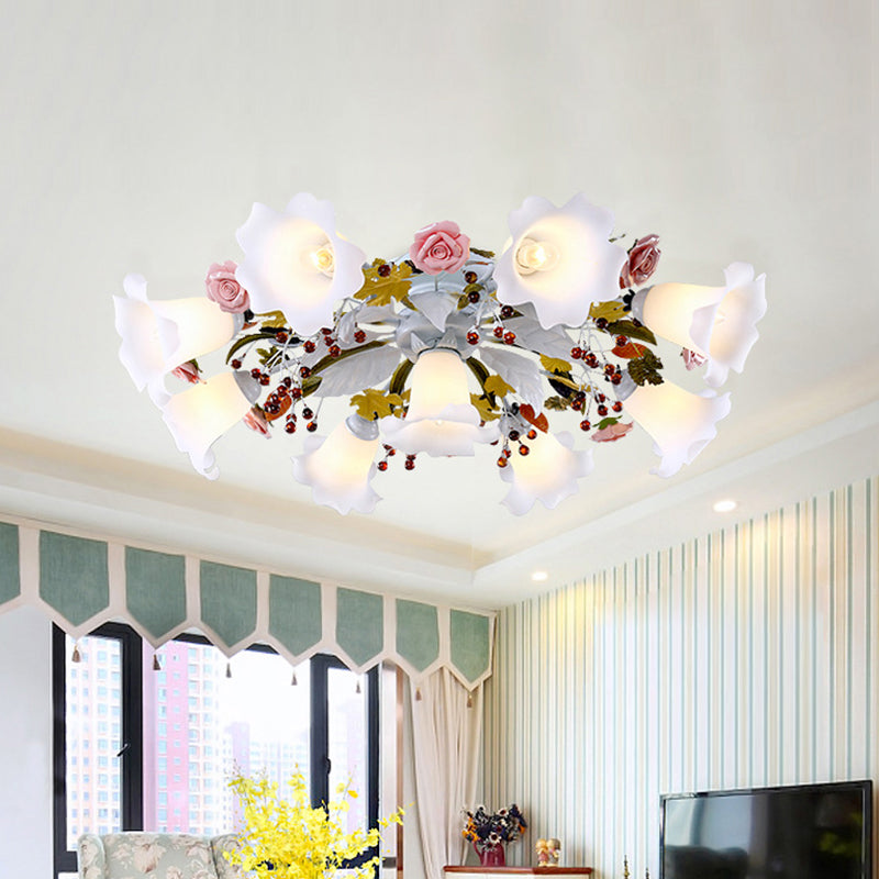 Spread White Glass Ceiling Lamp Korean Flower 4/7/9 Lights Living Room Semi Flush Mount Light Fixture Clearhalo 'Ceiling Lights' 'Close To Ceiling Lights' 'Close to ceiling' 'Semi-flushmount' Lighting' 729321