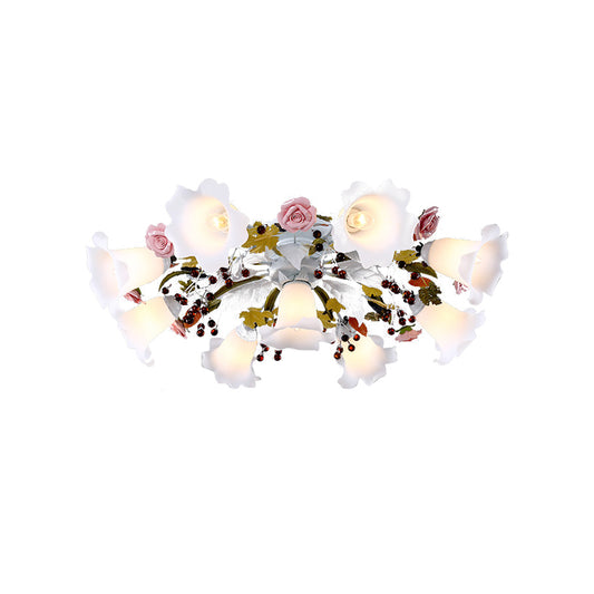 Spread White Glass Ceiling Lamp Korean Flower 4/7/9 Lights Living Room Semi Flush Mount Light Fixture Clearhalo 'Ceiling Lights' 'Close To Ceiling Lights' 'Close to ceiling' 'Semi-flushmount' Lighting' 729322