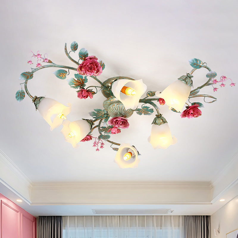 Green Twisted Semi Flush Light Fixture Korean Flower White Glass 3/6 Bulbs Bedroom Flush Mount 6 Green Clearhalo 'Ceiling Lights' 'Close To Ceiling Lights' 'Close to ceiling' 'Semi-flushmount' Lighting' 729324