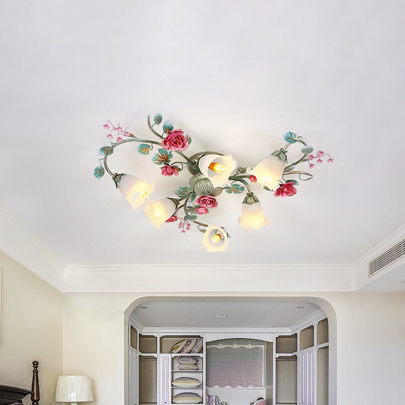 Green Twisted Semi Flush Light Fixture Korean Flower White Glass 3/6 Bulbs Bedroom Flush Mount Clearhalo 'Ceiling Lights' 'Close To Ceiling Lights' 'Close to ceiling' 'Semi-flushmount' Lighting' 729325