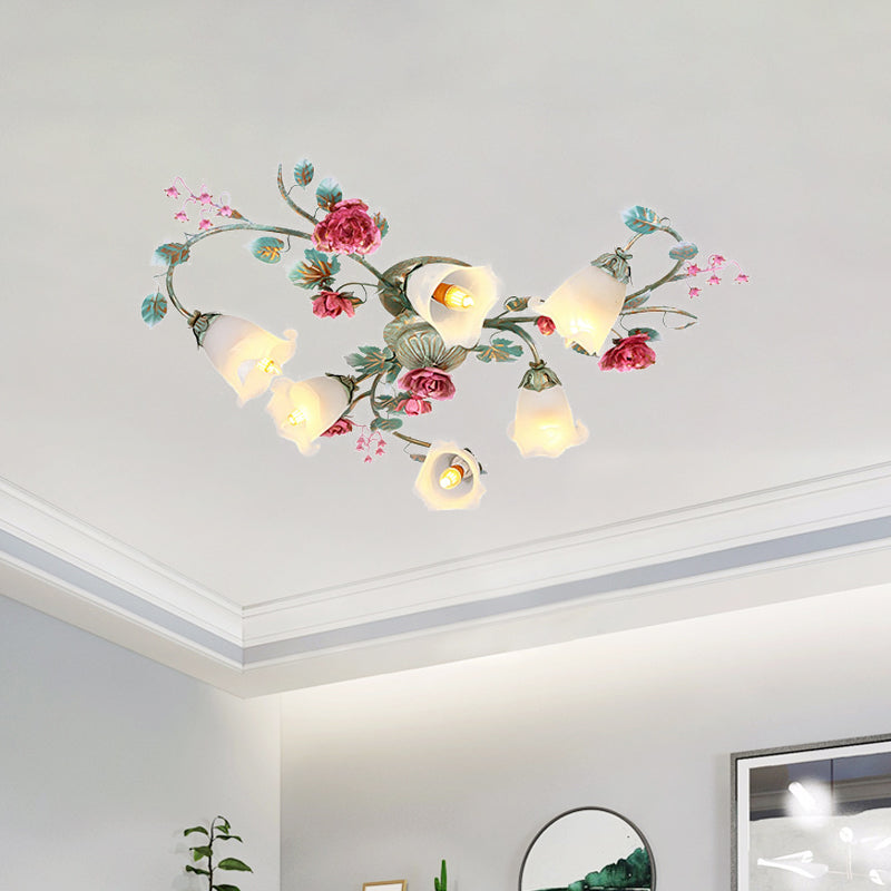 Green Twisted Semi Flush Light Fixture Korean Flower White Glass 3/6 Bulbs Bedroom Flush Mount Clearhalo 'Ceiling Lights' 'Close To Ceiling Lights' 'Close to ceiling' 'Semi-flushmount' Lighting' 729326