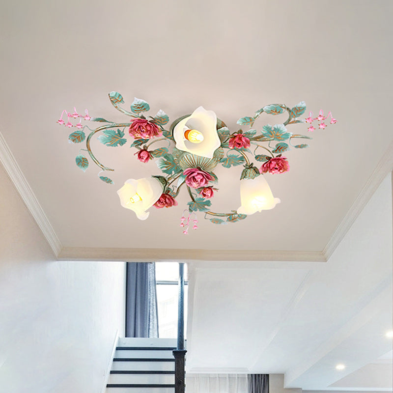 Green Twisted Semi Flush Light Fixture Korean Flower White Glass 3/6 Bulbs Bedroom Flush Mount Clearhalo 'Ceiling Lights' 'Close To Ceiling Lights' 'Close to ceiling' 'Semi-flushmount' Lighting' 729331