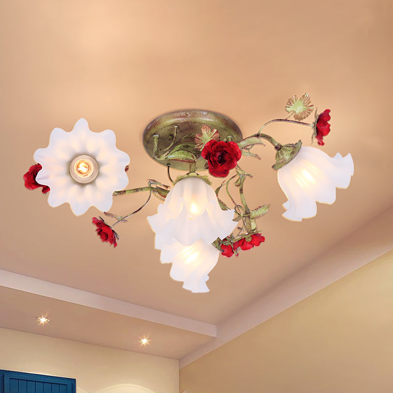 Korean Garden Spiral Ceiling Lighting 4/6 Heads Opal Glass Semi Flush Mount in Green with Red Rose 4 Green Clearhalo 'Ceiling Lights' 'Close To Ceiling Lights' 'Close to ceiling' 'Semi-flushmount' Lighting' 729339