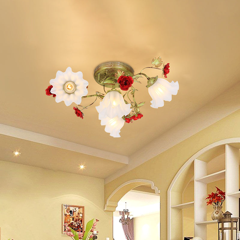 Korean Garden Spiral Ceiling Lighting 4/6 Heads Opal Glass Semi Flush Mount in Green with Red Rose Clearhalo 'Ceiling Lights' 'Close To Ceiling Lights' 'Close to ceiling' 'Semi-flushmount' Lighting' 729340