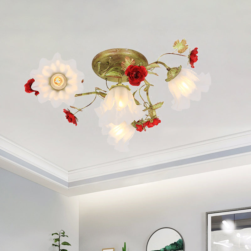 Korean Garden Spiral Ceiling Lighting 4/6 Heads Opal Glass Semi Flush Mount in Green with Red Rose Clearhalo 'Ceiling Lights' 'Close To Ceiling Lights' 'Close to ceiling' 'Semi-flushmount' Lighting' 729341