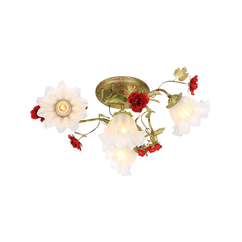 Korean Garden Spiral Ceiling Lighting 4/6 Heads Opal Glass Semi Flush Mount in Green with Red Rose Clearhalo 'Ceiling Lights' 'Close To Ceiling Lights' 'Close to ceiling' 'Semi-flushmount' Lighting' 729342