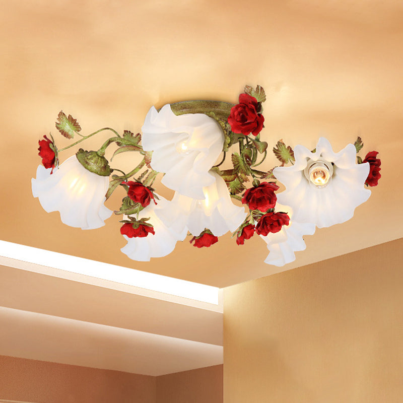 Korean Garden Spiral Ceiling Lighting 4/6 Heads Opal Glass Semi Flush Mount in Green with Red Rose 6 Green Clearhalo 'Ceiling Lights' 'Close To Ceiling Lights' 'Close to ceiling' 'Semi-flushmount' Lighting' 729344