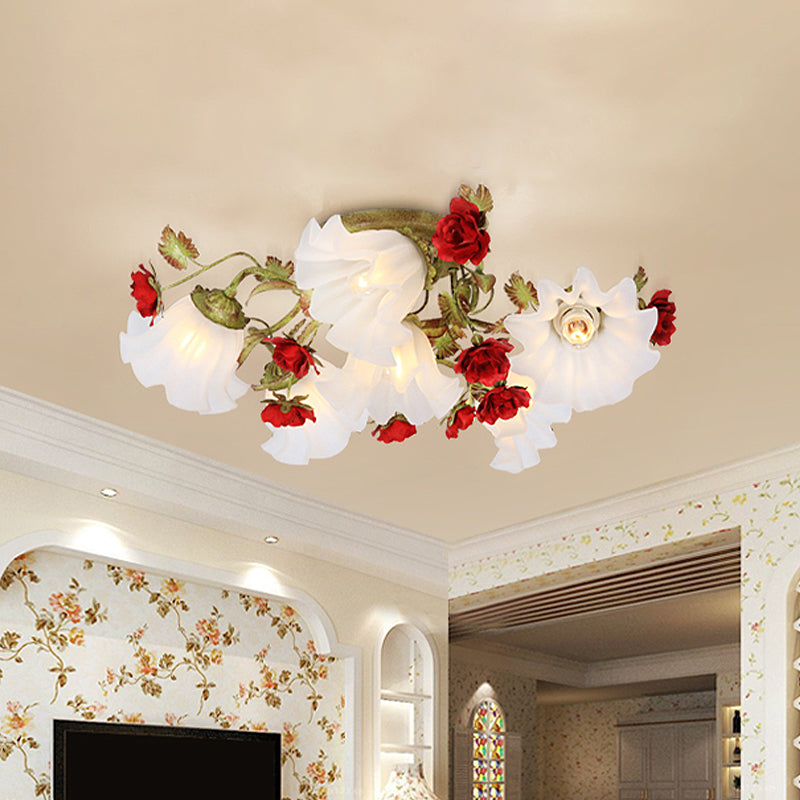 Korean Garden Spiral Ceiling Lighting 4/6 Heads Opal Glass Semi Flush Mount in Green with Red Rose Clearhalo 'Ceiling Lights' 'Close To Ceiling Lights' 'Close to ceiling' 'Semi-flushmount' Lighting' 729345