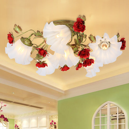 Korean Garden Spiral Ceiling Lighting 4/6 Heads Opal Glass Semi Flush Mount in Green with Red Rose Clearhalo 'Ceiling Lights' 'Close To Ceiling Lights' 'Close to ceiling' 'Semi-flushmount' Lighting' 729346