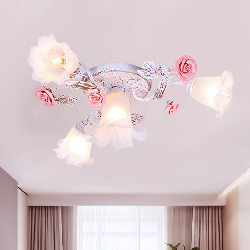 Flower White Glass Ceiling Light Pastoral 4/6/7-Bulb Bedroom Semi Mount Lighting with Sputnik Design 4 White Clearhalo 'Ceiling Lights' 'Close To Ceiling Lights' 'Close to ceiling' 'Semi-flushmount' Lighting' 729349