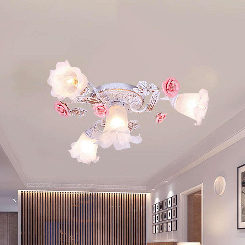 Flower White Glass Ceiling Light Pastoral 4/6/7-Bulb Bedroom Semi Mount Lighting with Sputnik Design Clearhalo 'Ceiling Lights' 'Close To Ceiling Lights' 'Close to ceiling' 'Semi-flushmount' Lighting' 729350