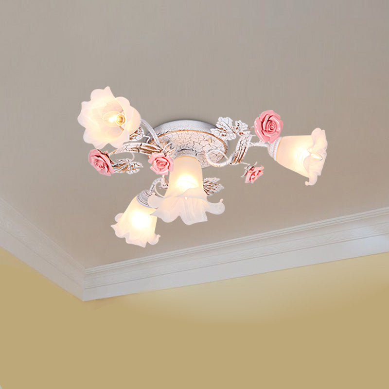 Flower White Glass Ceiling Light Pastoral 4/6/7-Bulb Bedroom Semi Mount Lighting with Sputnik Design Clearhalo 'Ceiling Lights' 'Close To Ceiling Lights' 'Close to ceiling' 'Semi-flushmount' Lighting' 729351