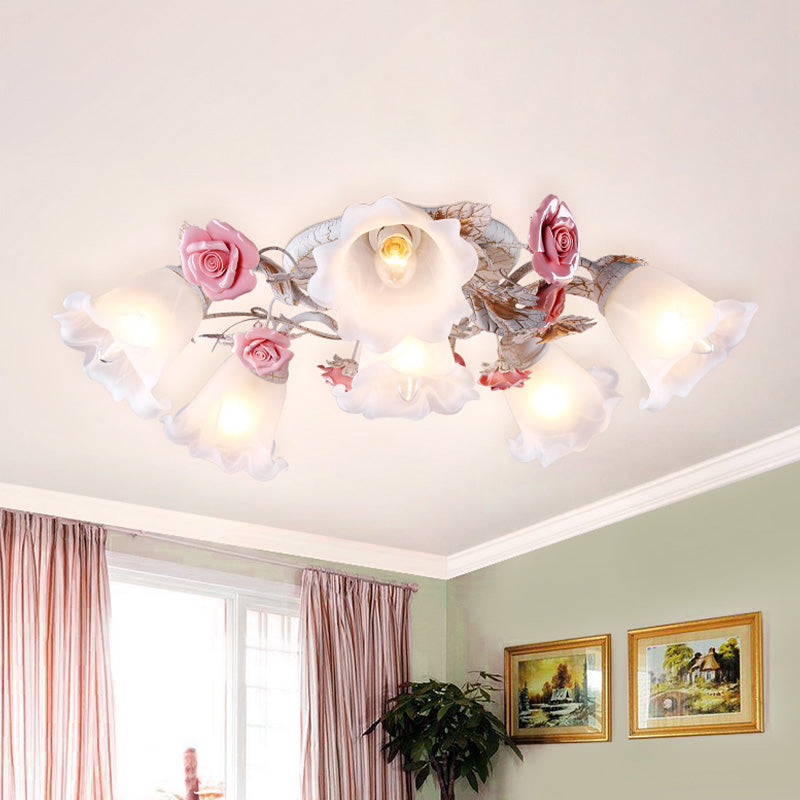 Flower White Glass Ceiling Light Pastoral 4/6/7-Bulb Bedroom Semi Mount Lighting with Sputnik Design 6 White Clearhalo 'Ceiling Lights' 'Close To Ceiling Lights' 'Close to ceiling' 'Semi-flushmount' Lighting' 729354