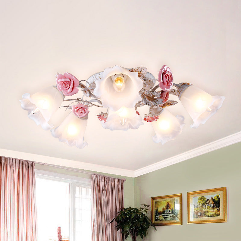 Flower White Glass Ceiling Light Pastoral 4/6/7-Bulb Bedroom Semi Mount Lighting with Sputnik Design Clearhalo 'Ceiling Lights' 'Close To Ceiling Lights' 'Close to ceiling' 'Semi-flushmount' Lighting' 729355