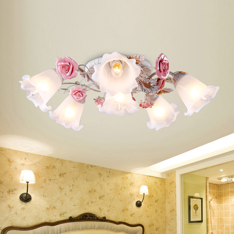 Flower White Glass Ceiling Light Pastoral 4/6/7-Bulb Bedroom Semi Mount Lighting with Sputnik Design Clearhalo 'Ceiling Lights' 'Close To Ceiling Lights' 'Close to ceiling' 'Semi-flushmount' Lighting' 729356