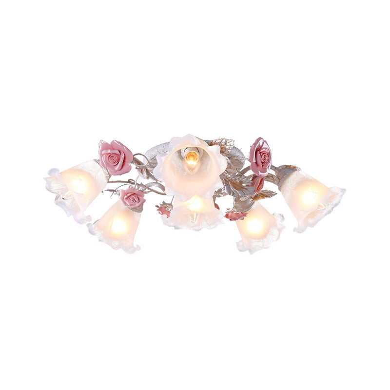 Flower White Glass Ceiling Light Pastoral 4/6/7-Bulb Bedroom Semi Mount Lighting with Sputnik Design Clearhalo 'Ceiling Lights' 'Close To Ceiling Lights' 'Close to ceiling' 'Semi-flushmount' Lighting' 729357