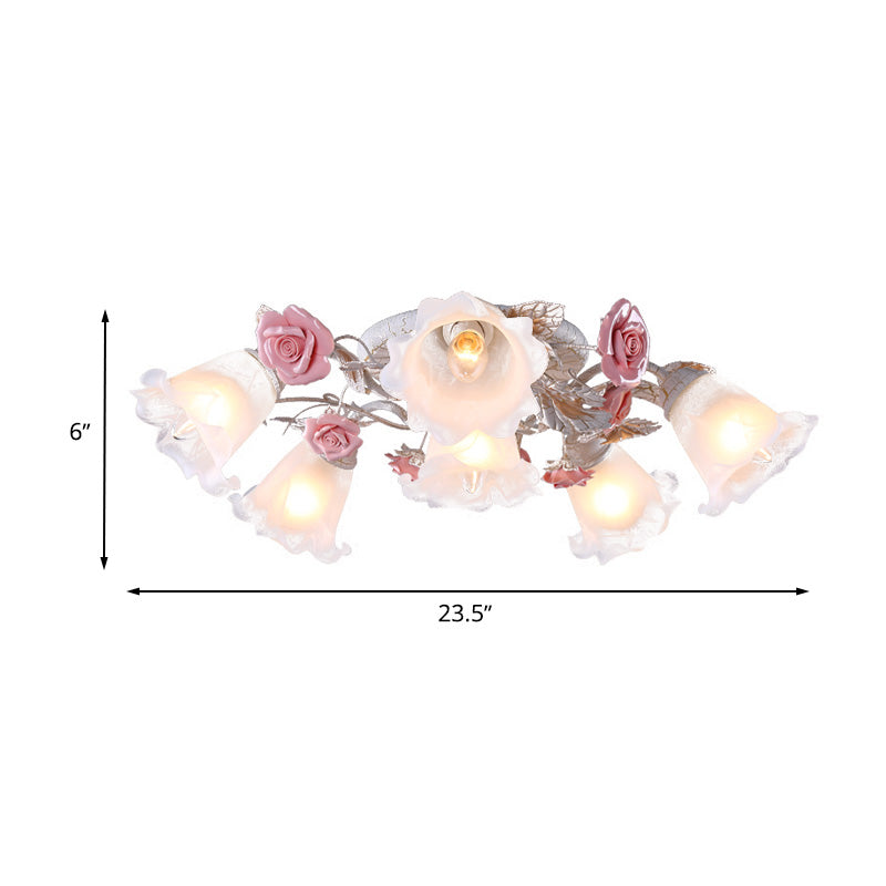 Flower White Glass Ceiling Light Pastoral 4/6/7-Bulb Bedroom Semi Mount Lighting with Sputnik Design Clearhalo 'Ceiling Lights' 'Close To Ceiling Lights' 'Close to ceiling' 'Semi-flushmount' Lighting' 729358