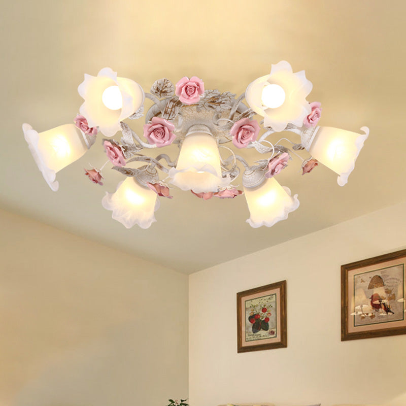 Flower White Glass Ceiling Light Pastoral 4/6/7-Bulb Bedroom Semi Mount Lighting with Sputnik Design 7 White Clearhalo 'Ceiling Lights' 'Close To Ceiling Lights' 'Close to ceiling' 'Semi-flushmount' Lighting' 729359