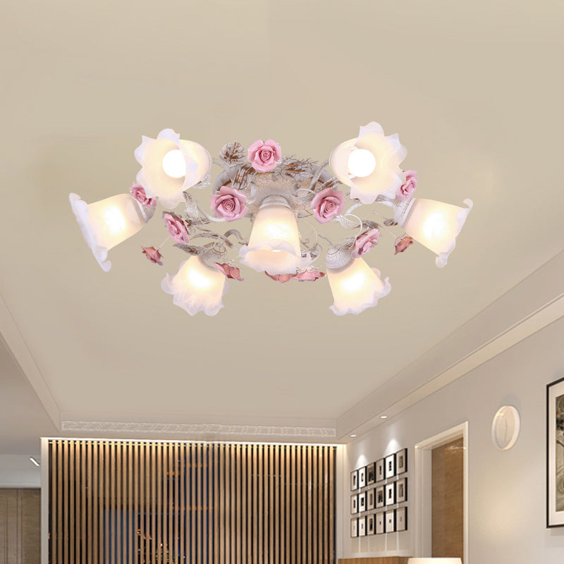 Flower White Glass Ceiling Light Pastoral 4/6/7-Bulb Bedroom Semi Mount Lighting with Sputnik Design Clearhalo 'Ceiling Lights' 'Close To Ceiling Lights' 'Close to ceiling' 'Semi-flushmount' Lighting' 729360