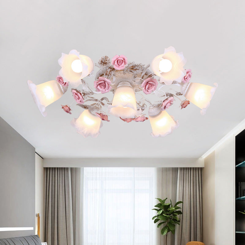 Flower White Glass Ceiling Light Pastoral 4/6/7-Bulb Bedroom Semi Mount Lighting with Sputnik Design Clearhalo 'Ceiling Lights' 'Close To Ceiling Lights' 'Close to ceiling' 'Semi-flushmount' Lighting' 729361