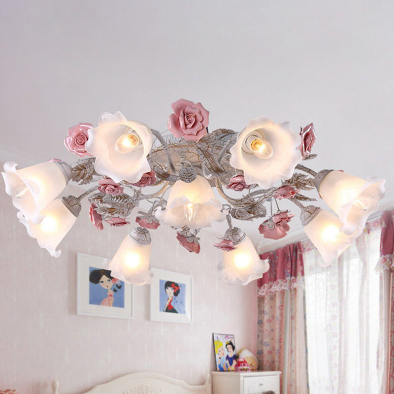 Flower White Glass Ceiling Light Pastoral 4/6/7-Bulb Bedroom Semi Mount Lighting with Sputnik Design 9 White Clearhalo 'Ceiling Lights' 'Close To Ceiling Lights' 'Close to ceiling' 'Semi-flushmount' Lighting' 729364