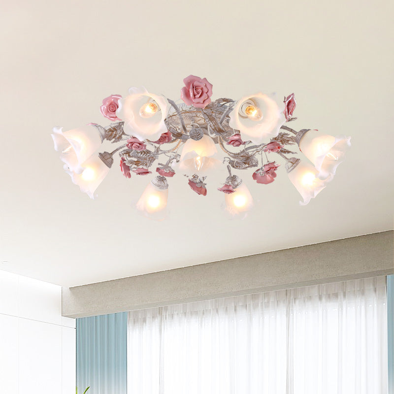 Flower White Glass Ceiling Light Pastoral 4/6/7-Bulb Bedroom Semi Mount Lighting with Sputnik Design Clearhalo 'Ceiling Lights' 'Close To Ceiling Lights' 'Close to ceiling' 'Semi-flushmount' Lighting' 729365