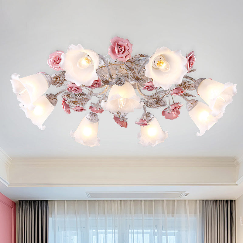 Flower White Glass Ceiling Light Pastoral 4/6/7-Bulb Bedroom Semi Mount Lighting with Sputnik Design Clearhalo 'Ceiling Lights' 'Close To Ceiling Lights' 'Close to ceiling' 'Semi-flushmount' Lighting' 729366