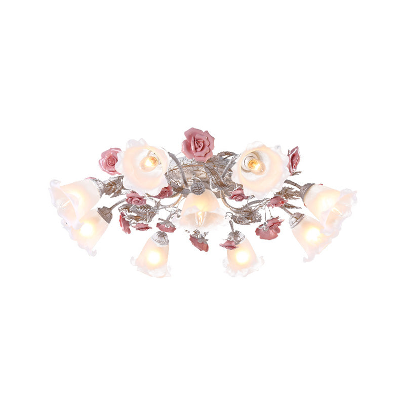 Flower White Glass Ceiling Light Pastoral 4/6/7-Bulb Bedroom Semi Mount Lighting with Sputnik Design Clearhalo 'Ceiling Lights' 'Close To Ceiling Lights' 'Close to ceiling' 'Semi-flushmount' Lighting' 729367