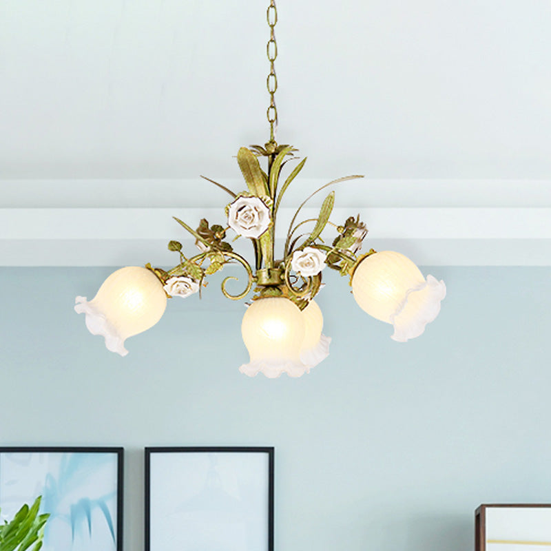 Green 4/7/9-Light Ceiling Chandelier Pastoral Style Milk Glass Floral Drop Pendant for Dining Room Clearhalo 'Ceiling Lights' 'Pendant Lights' 'Pendants' Lighting' 729371