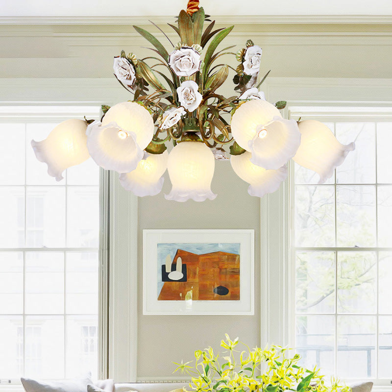 Green 4/7/9-Light Ceiling Chandelier Pastoral Style Milk Glass Floral Drop Pendant for Dining Room Clearhalo 'Ceiling Lights' 'Pendant Lights' 'Pendants' Lighting' 729374