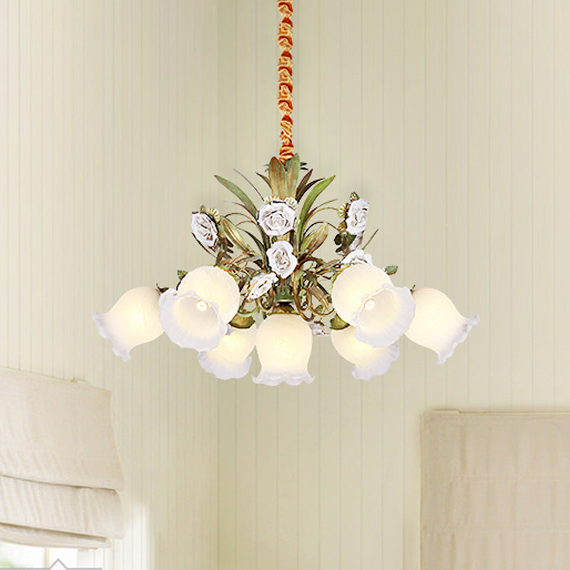 Green 4/7/9-Light Ceiling Chandelier Pastoral Style Milk Glass Floral Drop Pendant for Dining Room Clearhalo 'Ceiling Lights' 'Pendant Lights' 'Pendants' Lighting' 729375