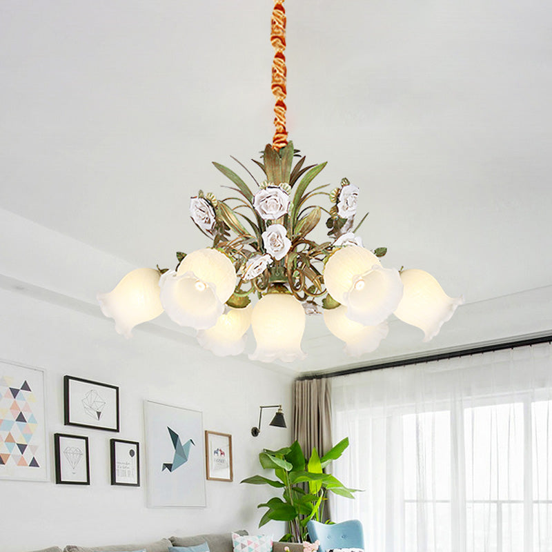 Green 4/7/9-Light Ceiling Chandelier Pastoral Style Milk Glass Floral Drop Pendant for Dining Room Clearhalo 'Ceiling Lights' 'Pendant Lights' 'Pendants' Lighting' 729376