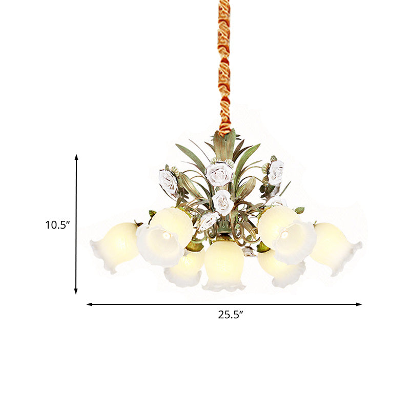 Green 4/7/9-Light Ceiling Chandelier Pastoral Style Milk Glass Floral Drop Pendant for Dining Room Clearhalo 'Ceiling Lights' 'Pendant Lights' 'Pendants' Lighting' 729378