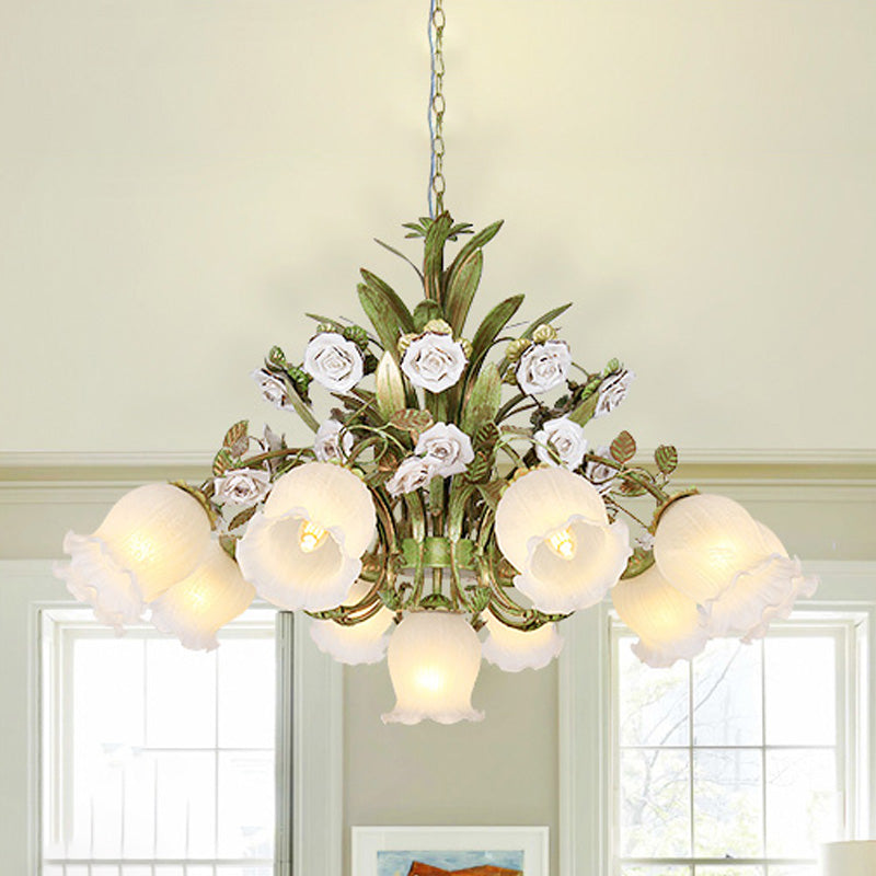 Green 4/7/9-Light Ceiling Chandelier Pastoral Style Milk Glass Floral Drop Pendant for Dining Room Clearhalo 'Ceiling Lights' 'Pendant Lights' 'Pendants' Lighting' 729379