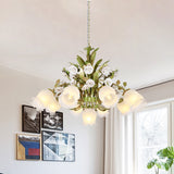 Green 4/7/9-Light Ceiling Chandelier Pastoral Style Milk Glass Floral Drop Pendant for Dining Room Clearhalo 'Ceiling Lights' 'Pendant Lights' 'Pendants' Lighting' 729380