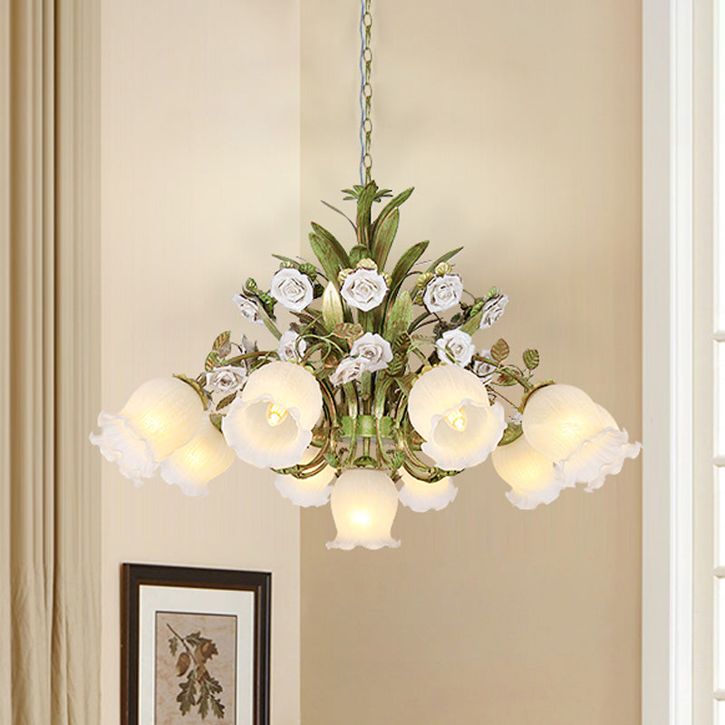 Green 4/7/9-Light Ceiling Chandelier Pastoral Style Milk Glass Floral Drop Pendant for Dining Room Clearhalo 'Ceiling Lights' 'Pendant Lights' 'Pendants' Lighting' 729381