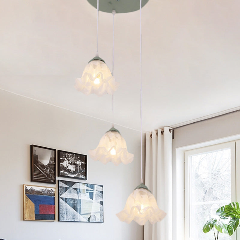 Pastoral Scalloped Multi Light Pendant 3/6-Bulb White Glass Suspension Lamp with Round/Linear Canopy Clearhalo 'Ceiling Lights' 'Pendant Lights' 'Pendants' Lighting' 729399