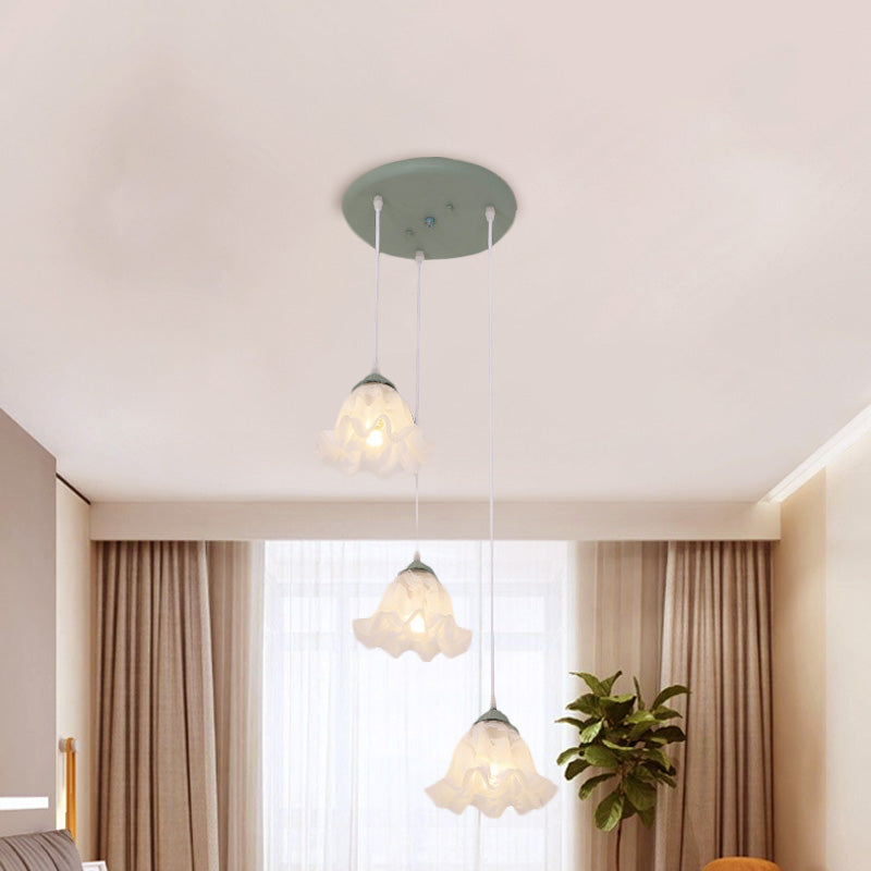 Pastoral Scalloped Multi Light Pendant 3/6-Bulb White Glass Suspension Lamp with Round/Linear Canopy Clearhalo 'Ceiling Lights' 'Pendant Lights' 'Pendants' Lighting' 729400