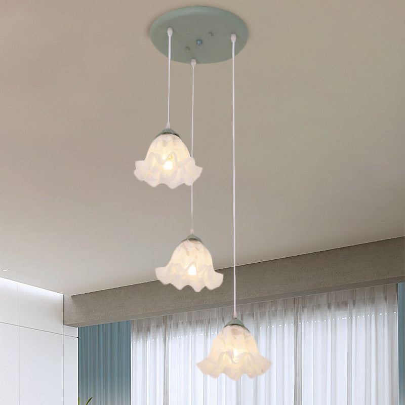 Pastoral Scalloped Multi Light Pendant 3/6-Bulb White Glass Suspension Lamp with Round/Linear Canopy Clearhalo 'Ceiling Lights' 'Pendant Lights' 'Pendants' Lighting' 729401