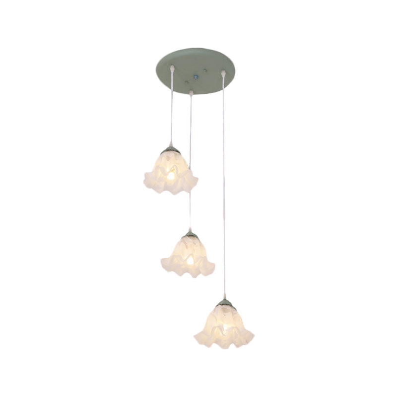 Pastoral Scalloped Multi Light Pendant 3/6-Bulb White Glass Suspension Lamp with Round/Linear Canopy Clearhalo 'Ceiling Lights' 'Pendant Lights' 'Pendants' Lighting' 729402