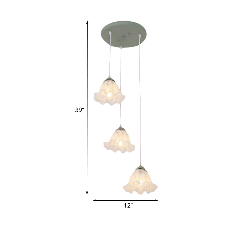 Pastoral Scalloped Multi Light Pendant 3/6-Bulb White Glass Suspension Lamp with Round/Linear Canopy Clearhalo 'Ceiling Lights' 'Pendant Lights' 'Pendants' Lighting' 729403