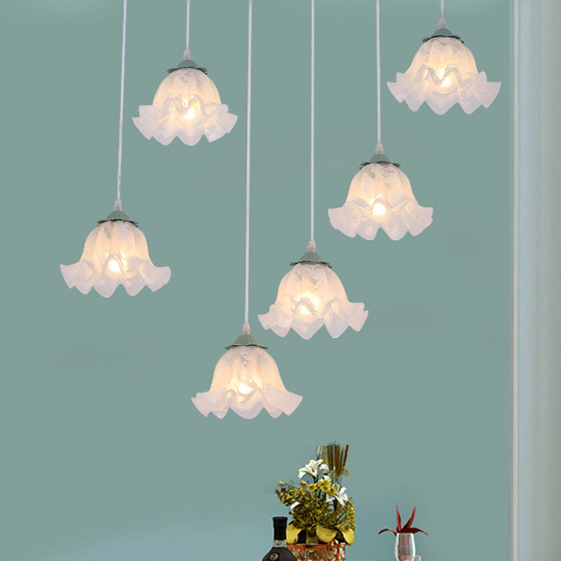 Pastoral Scalloped Multi Light Pendant 3/6-Bulb White Glass Suspension Lamp with Round/Linear Canopy Clearhalo 'Ceiling Lights' 'Pendant Lights' 'Pendants' Lighting' 729404