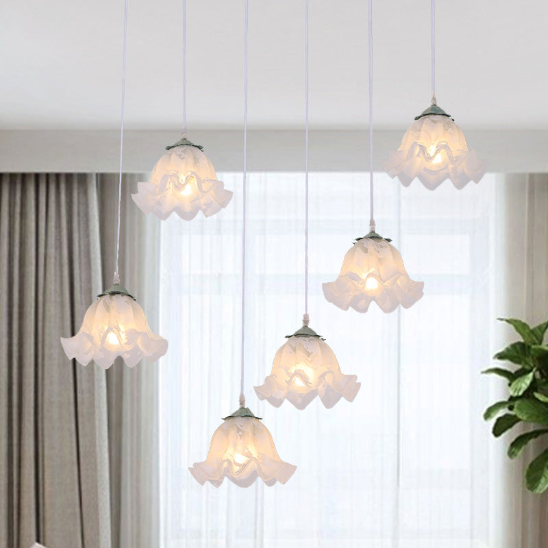 Pastoral Scalloped Multi Light Pendant 3/6-Bulb White Glass Suspension Lamp with Round/Linear Canopy Clearhalo 'Ceiling Lights' 'Pendant Lights' 'Pendants' Lighting' 729406