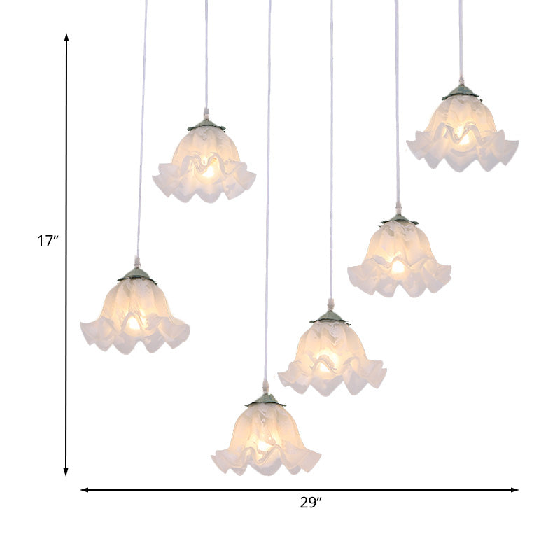 Pastoral Scalloped Multi Light Pendant 3/6-Bulb White Glass Suspension Lamp with Round/Linear Canopy Clearhalo 'Ceiling Lights' 'Pendant Lights' 'Pendants' Lighting' 729408