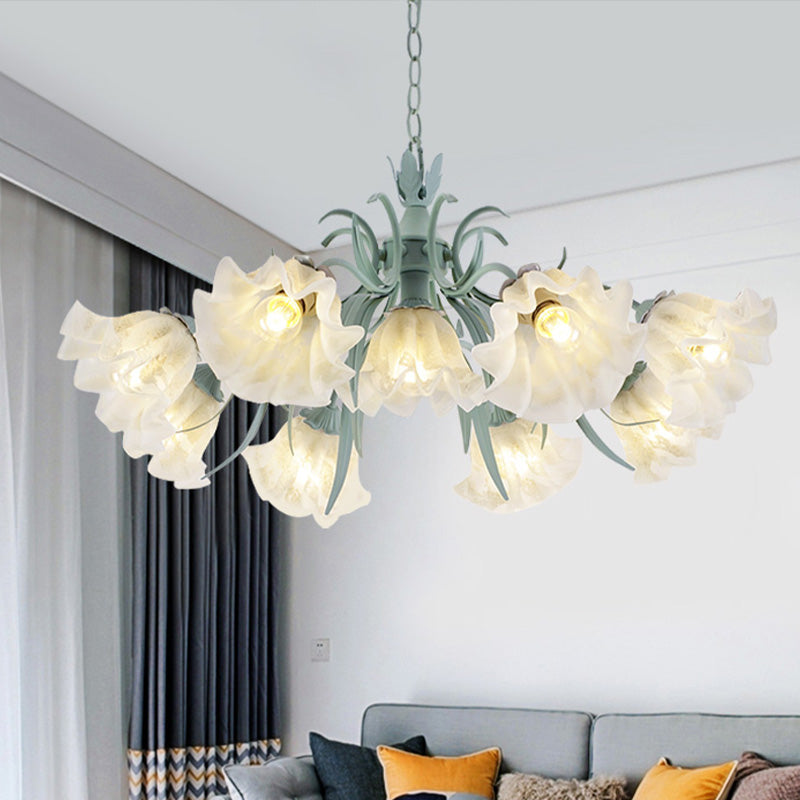 Scalloped Restaurant Hanging Chandelier Korean Garden Milky Glass 3/6/9-Head Blue Suspension Pendant Clearhalo 'Ceiling Lights' 'Chandeliers' Lighting' options 729419