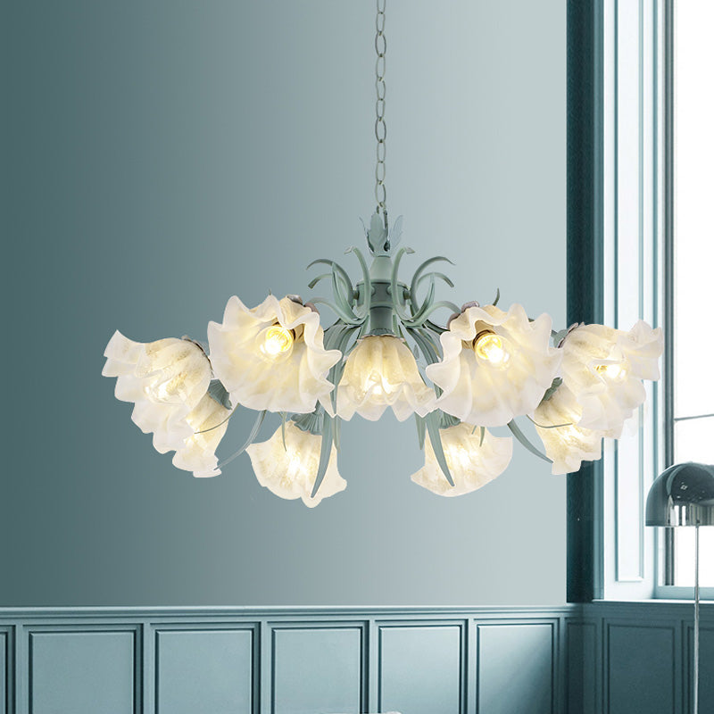 Scalloped Restaurant Hanging Chandelier Korean Garden Milky Glass 3/6/9-Head Blue Suspension Pendant Clearhalo 'Ceiling Lights' 'Chandeliers' Lighting' options 729420