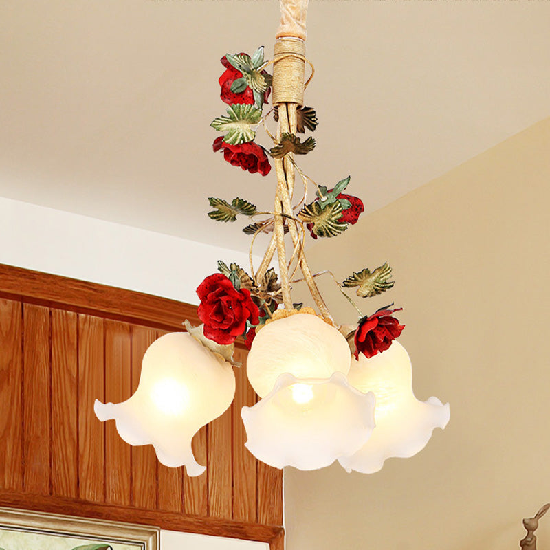 Cream Glass Coffee Drop Lamp Blossom 3/5 Bulbs Pastoral Pendant Chandelier for Dining Room Clearhalo 'Ceiling Lights' 'Chandeliers' Lighting' options 729424